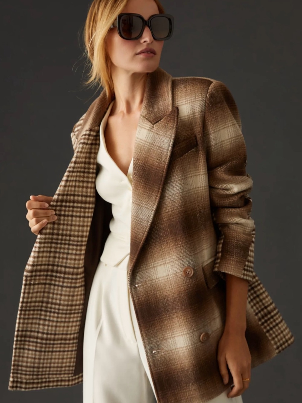 Avec Les Filles Plaid Colorblock Jacket M Medium Brown Cream Wool